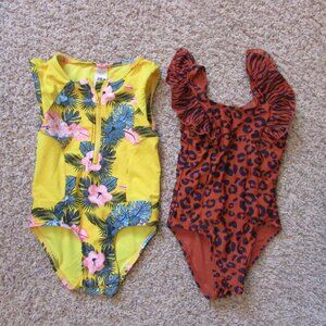 NWOT Cat & Jack 4T Set Of 2 One Piece Swimsuits Zip Yellow Floral Animal Print